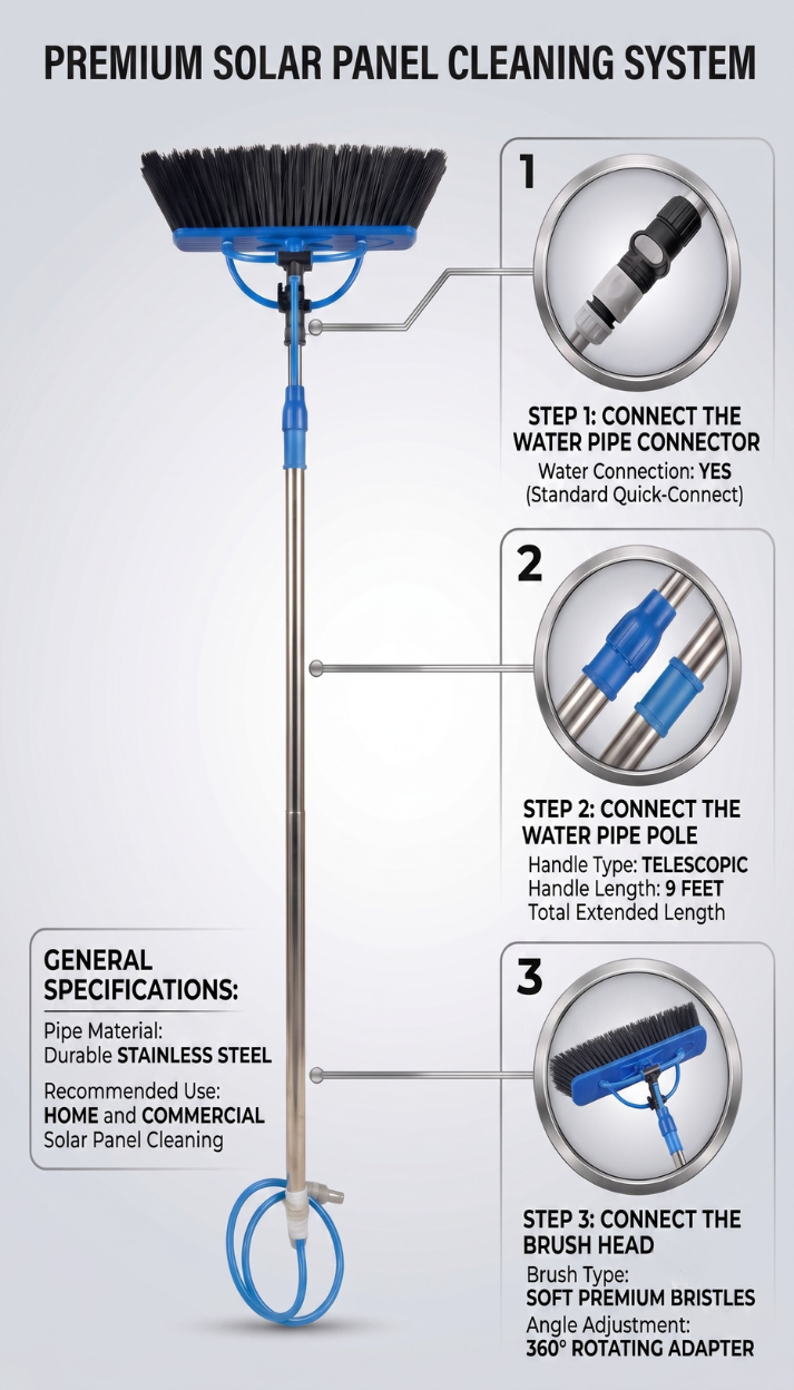 Solar Panel Cleaning Brush (9 FT to 20 FT) With Water Flow System